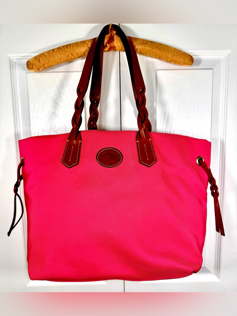 Dooney & Bourke Nylon Shopper Tote Fuchsia Braided Leather Handles